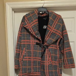 ELLEN REYES Woman 2X Red Stylish Plaid Pea Coat in Red and Black